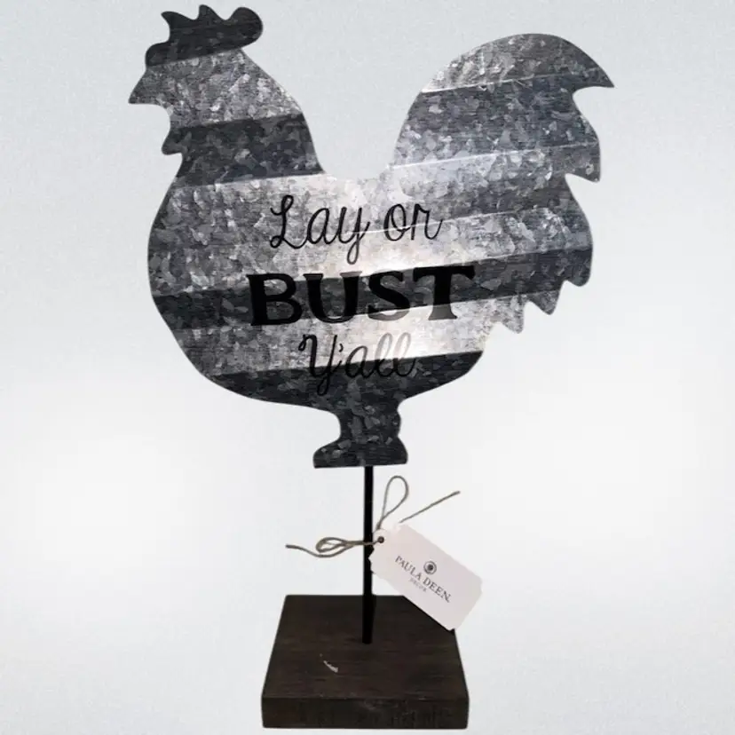 “Lay Or Bust Ya’ll” Metal Chicken Sign Plaque Decor On Stand Paula Deen
