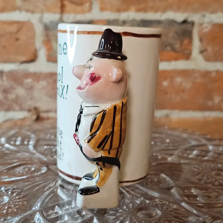 Vintage Novelty Bar Mug “Gasoline & Alcohol Don’t Mix” Drunk Hobo Figural Handle Mid-Century Roadhouse Humor