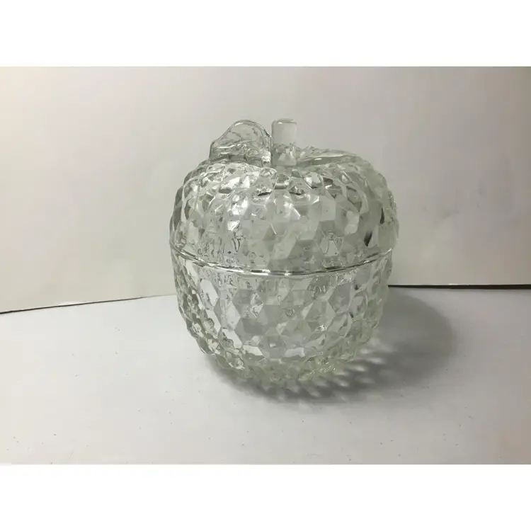 Crystal, Vintage glass molded apple candy dish with lid, 1980s