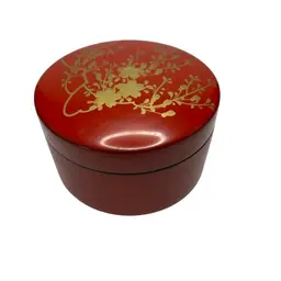 Red Lacquered With Gold Design @3 3/4 Diameter 5 Coasters With Case