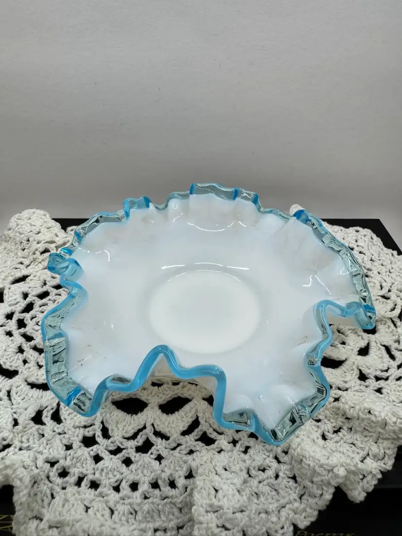Fenton Art Glass Aqua Crest milk glass ruffled edge bowl with blue rim, 6”x2”