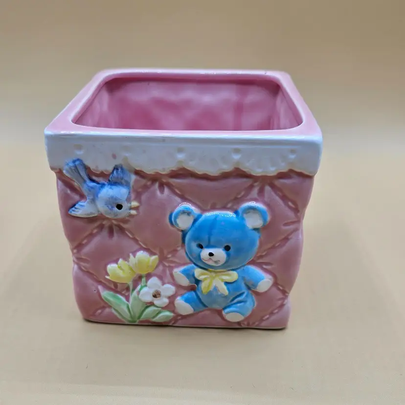 Blue Pink Pastel 3.75" Sq. Ceramic Quilted Planter, Baby, Easter, Spring Decor