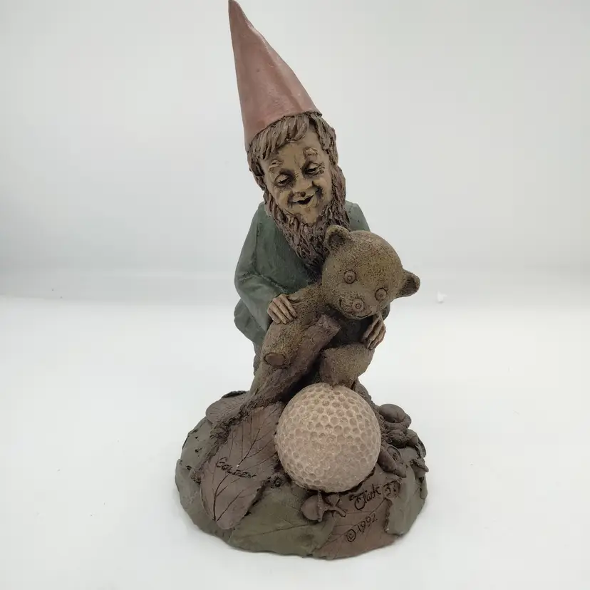 Vintage 1992 Tom Clark GOLDEN Gnome w Golf Ball & Teddy Bear #37 Cairn Studio Signed