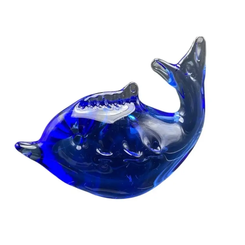 Art Glass Blue Dolphin Fish Paperweight Figurine Ocean Beach Vintage Decor