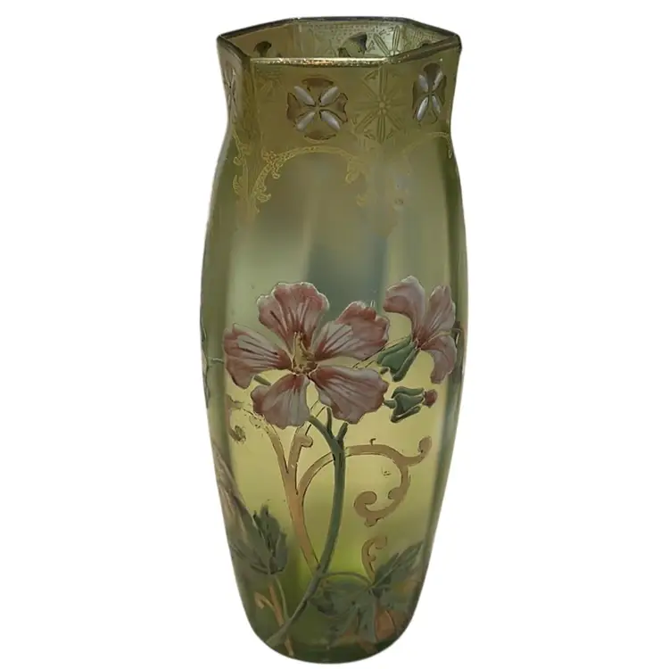 Legras Antique art glass vase Art Nouveau French France With Enameled Flowers And Gold Gilt Green Does Not Glow