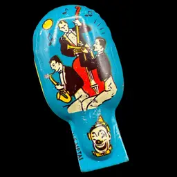 Vintage Tin Litho Metal Toy Clicker Blue Musical 3 Piece Band Harlequin Clown, U. S. Metal Toy Mfg Co. 2.5”L