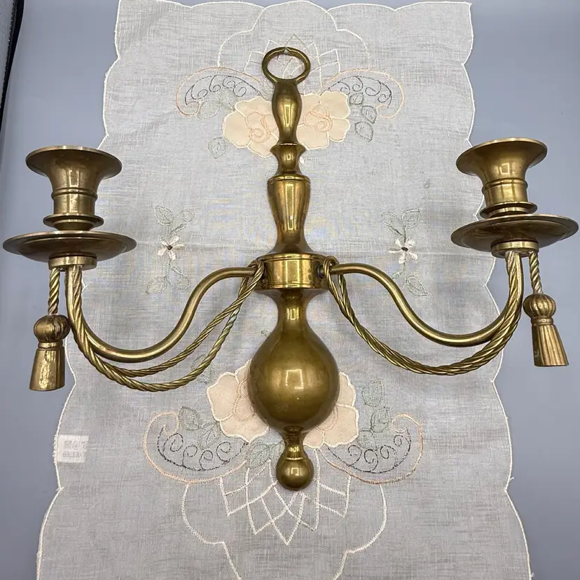 Vintage Hollywood Regency Brass Rope & Tassel Wall Sconce Candelabra 12x12”