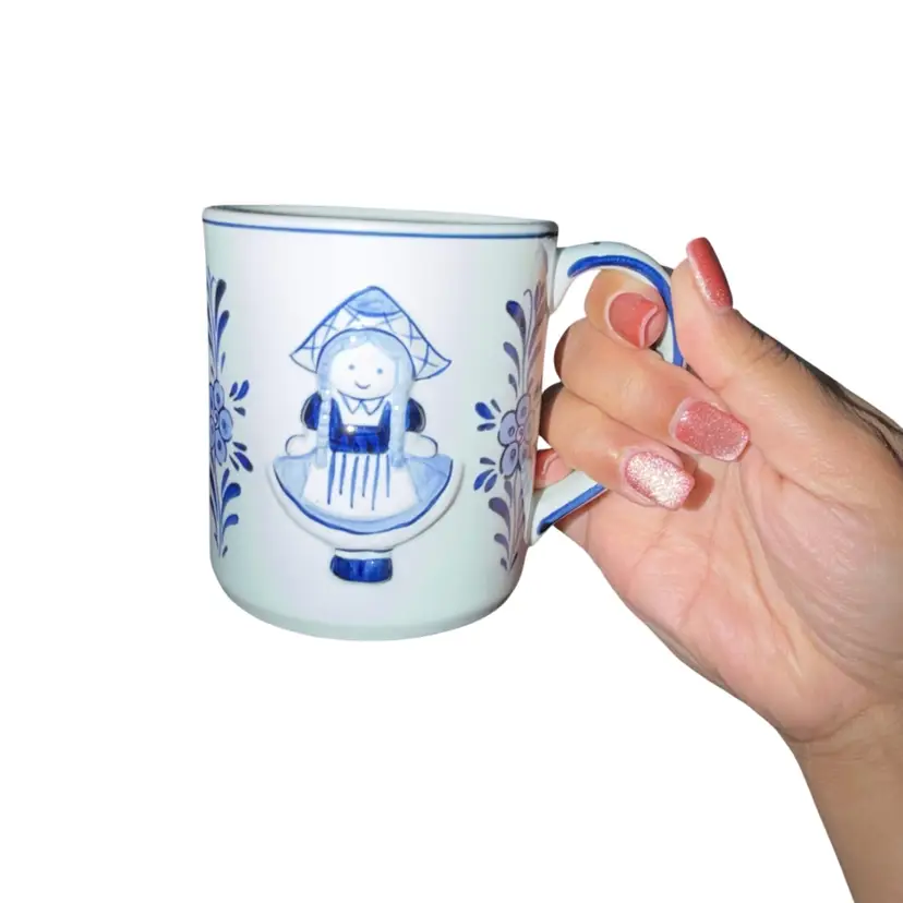 Delft Coffee Mug Hand Painted Embossed Ceramic