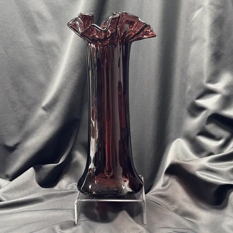 #1602 12”  Tall Purple Amethyst Glass Stretch Vase Crimped Rim Wavy Edge