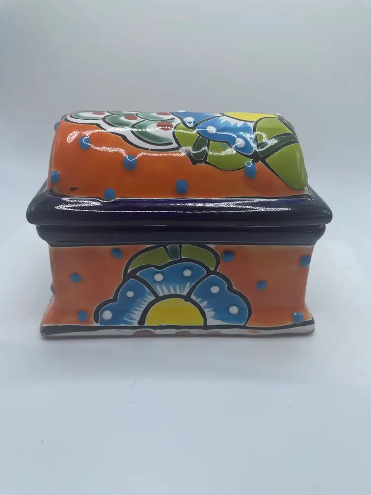 Mexican Pottery Treasure Chest Trinket Box With Lid.