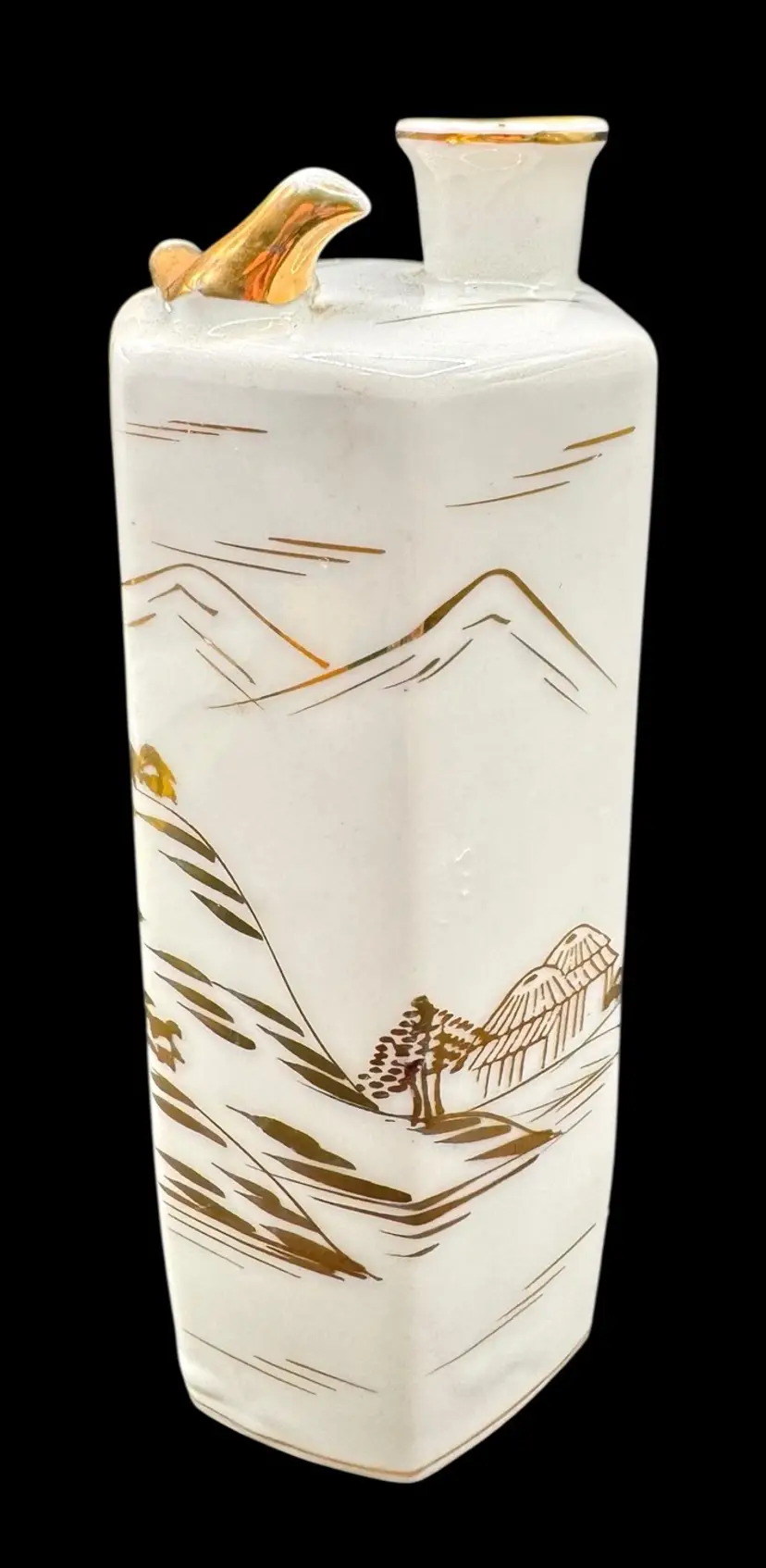 Vintage Kutani Japan Whistling Sake Decanter Bird Porcelain White Gold Landscape