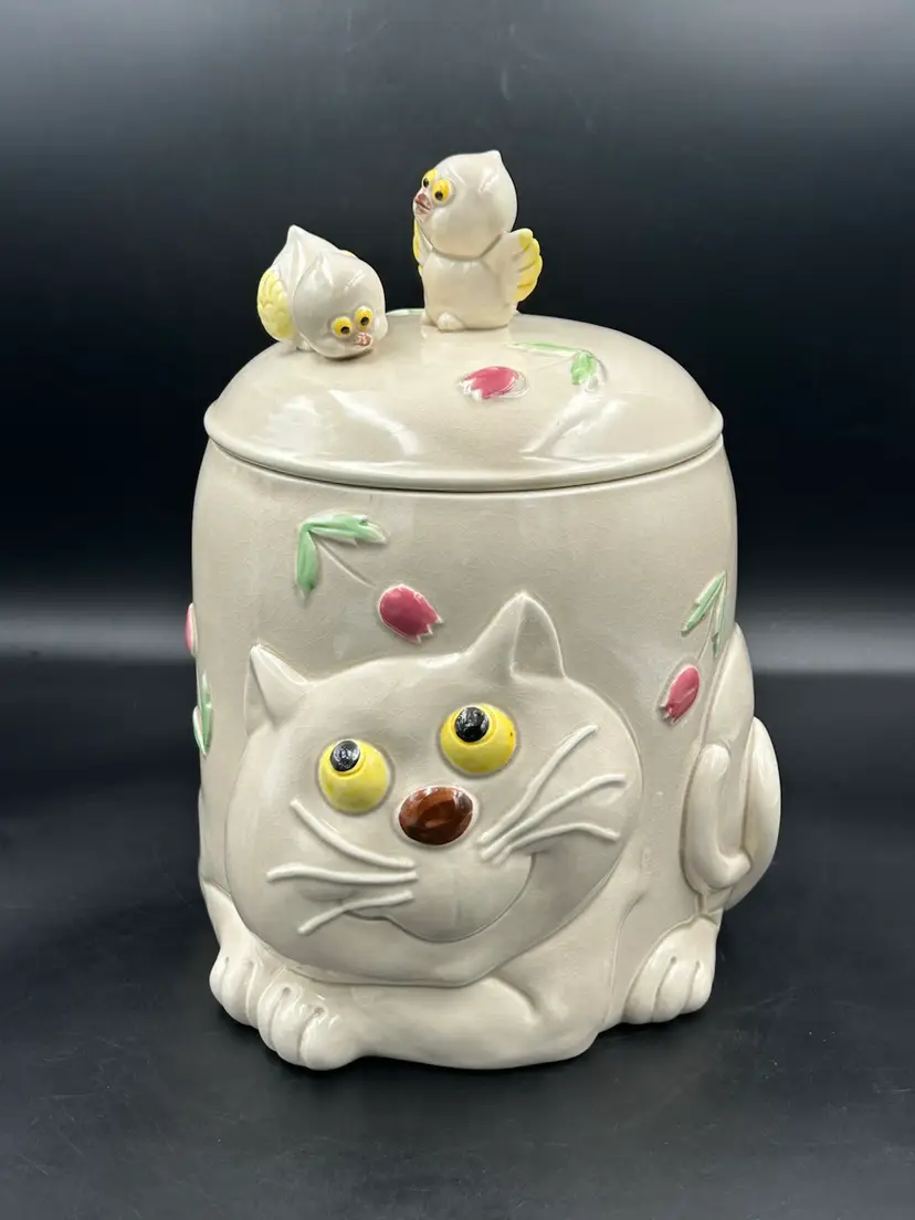 Vintage 1960S Japan Cat Cookie Jar With Chicks On Lid
