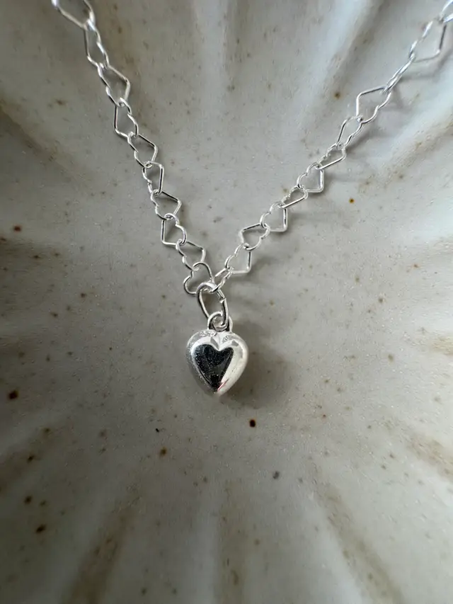 Puffy Heart Charm On Heart Link Sterling Silver Necklace #73