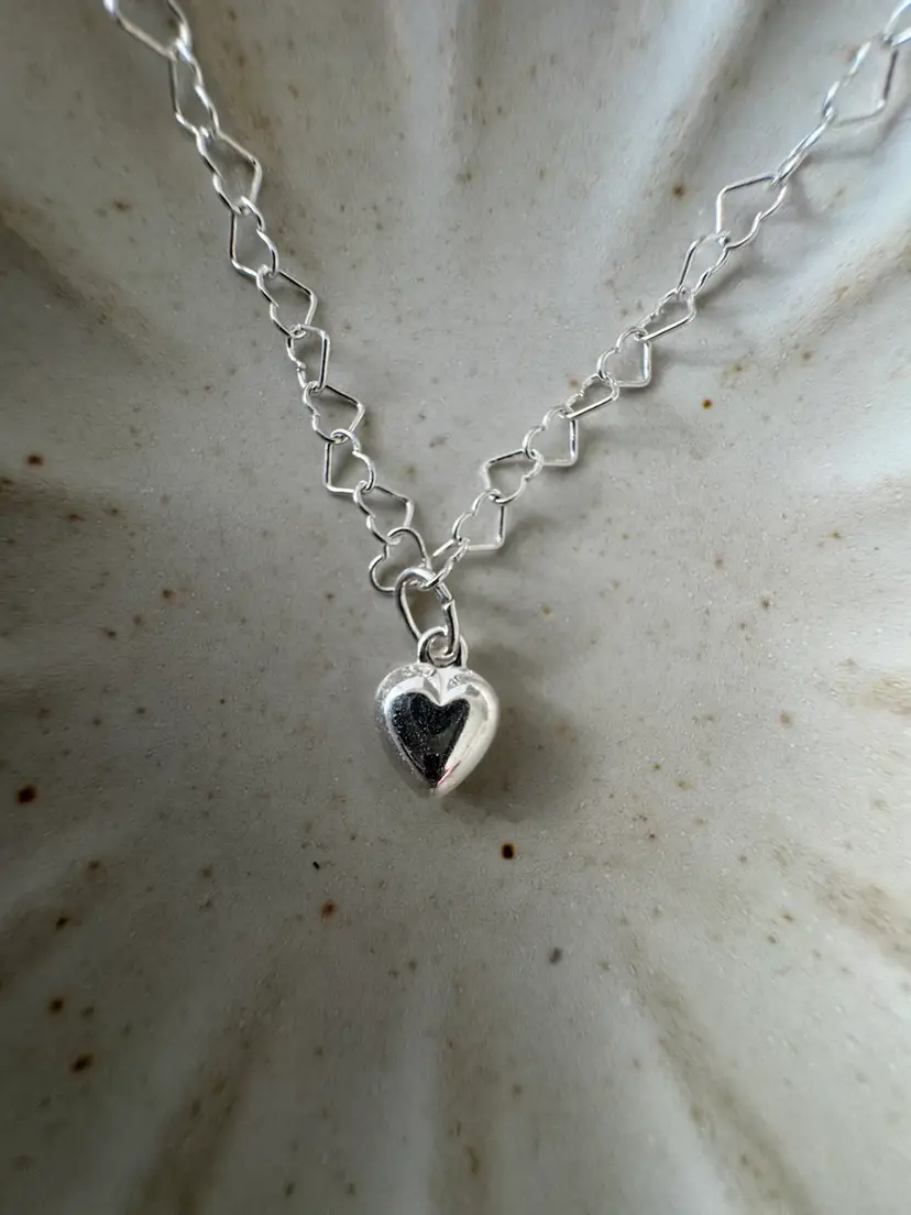 Puffy Heart Charm On Heart Link Sterling Silver Necklace #73