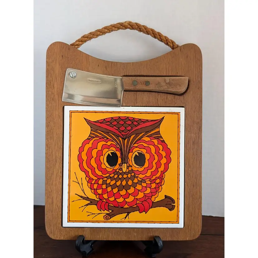 Wooden Charcuterie Cheese Board Lemon & Limes Cutting Board Barware Retro Owl Ceramic Tile w/Small Chop Knife Rope Hanger