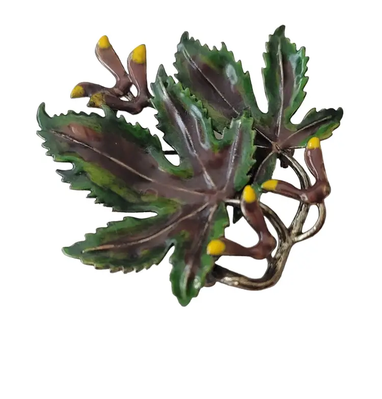 Vintage Green Brown Enamel Sycamore Maple Leaf, Seed Brooch Pin E639