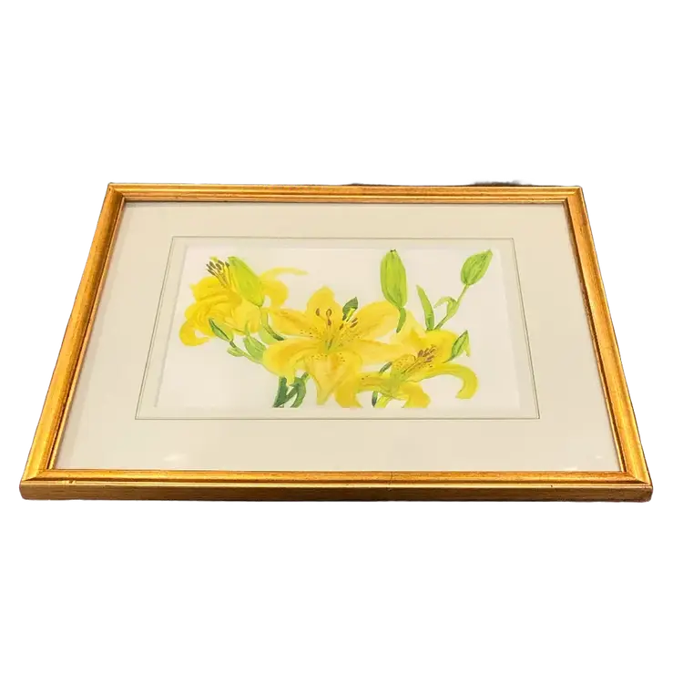 Framed & Matted 2001  Ltd Edition Watercolor Print of Yellow Lillies, #3 of 20, Frame: 16" x 13.5", Print: 10" x 7.25'
