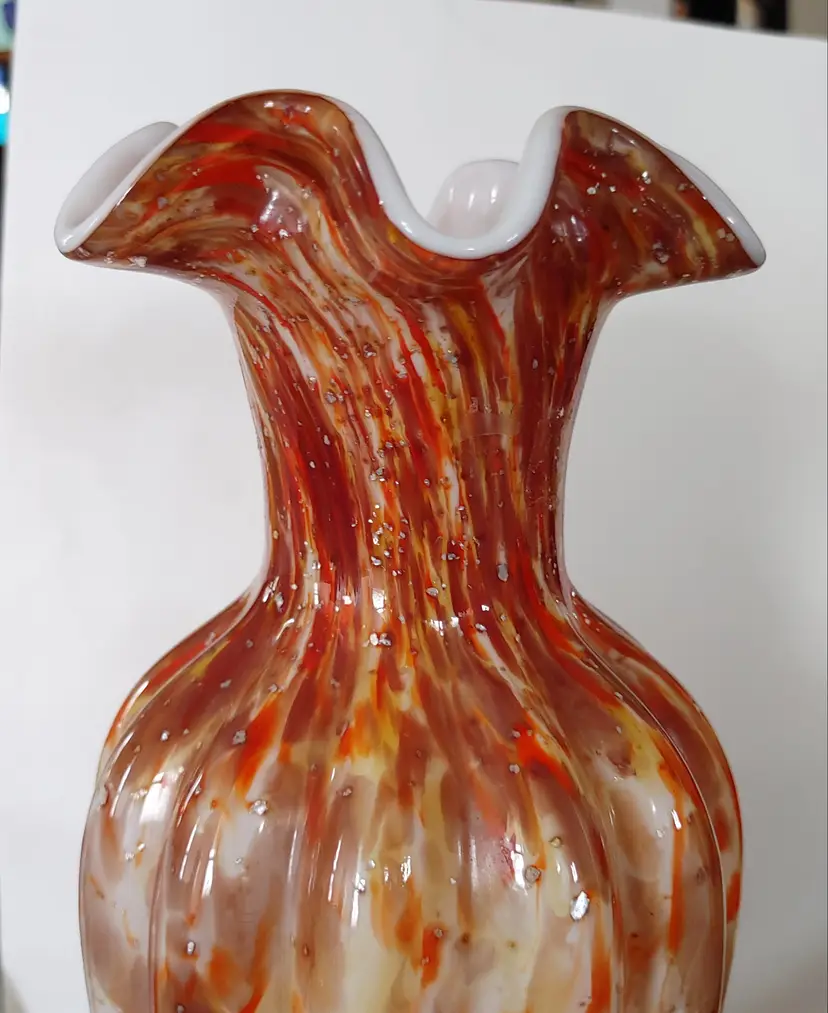 Fenton Vasa Murrhina Glass Autumn Orange Vase. 1965-67. Mica flakes. No chips or cracks. 11.5 inches high.