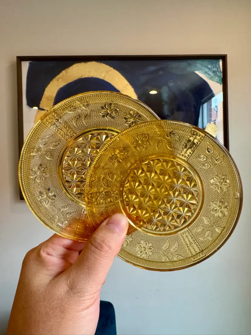 two 4.5” amber Indiana Glass "Sandwich" pattern plates, smaller than a saucer & just a tad bigger than a butter pat