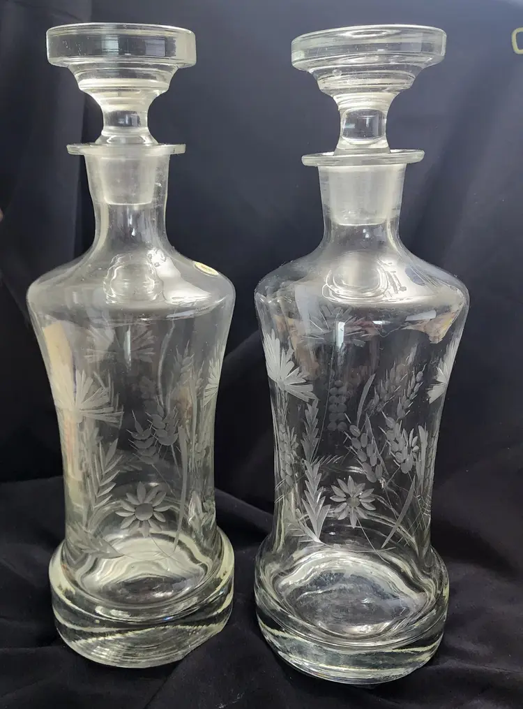 Set of Vintage Crystal Decanters Romania Etched Floral 161210