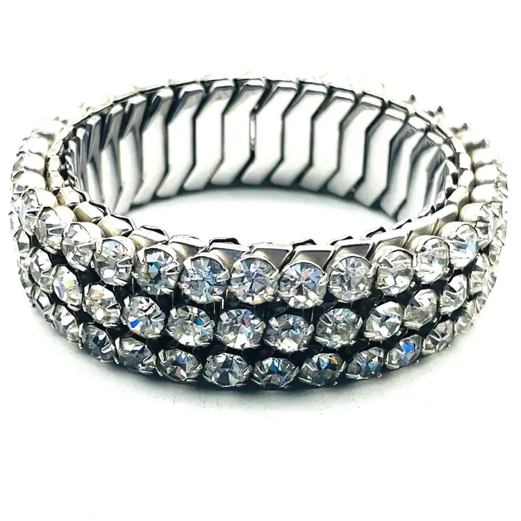 Vintage HIRFLEX USA Signed Rhinestone Expansion Bracelet Triple Row Sparkle 1950 11893