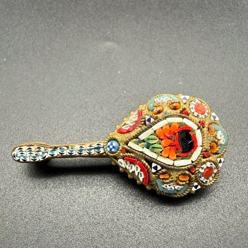 Vintage Italian Brooch Micro Mosaic Mandolin Guitar Pin Gold Tone Italy 1 3/4"
