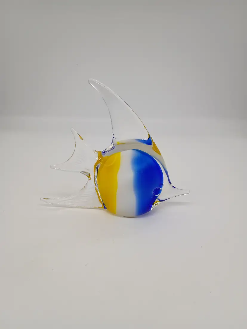 Vintage Silvestri Art Glass Angel Fish Paperweight Figurine Multicolor Blue White Yellow Clear