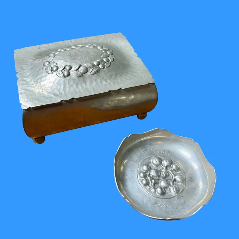 30’s HAGS TIN Pewter Cigarette Box & Small Trinket Dish Engraved “EVIN”, 2 PC