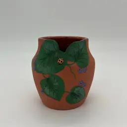 Small Art Pottery Terracotta Blueberry Ladybug Vase Signed P.A.S. Victor B. 3 1/4”