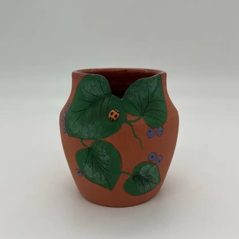 Small Art Pottery Terracotta Blueberry Ladybug Vase Signed P.A.S. Victor B. 3 1/4”