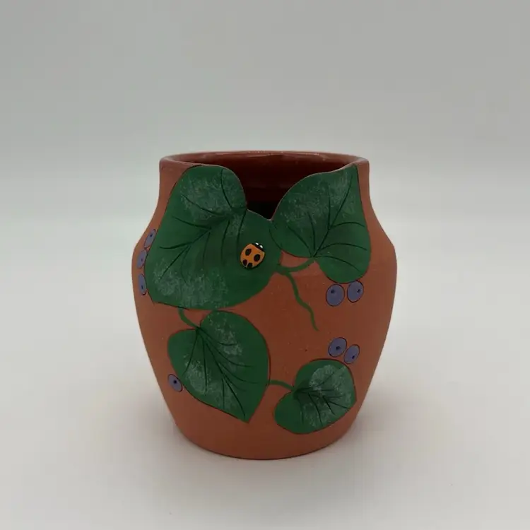Small Art Pottery Terracotta Blueberry Ladybug Vase Signed P.A.S. Victor B. 3 1/4”