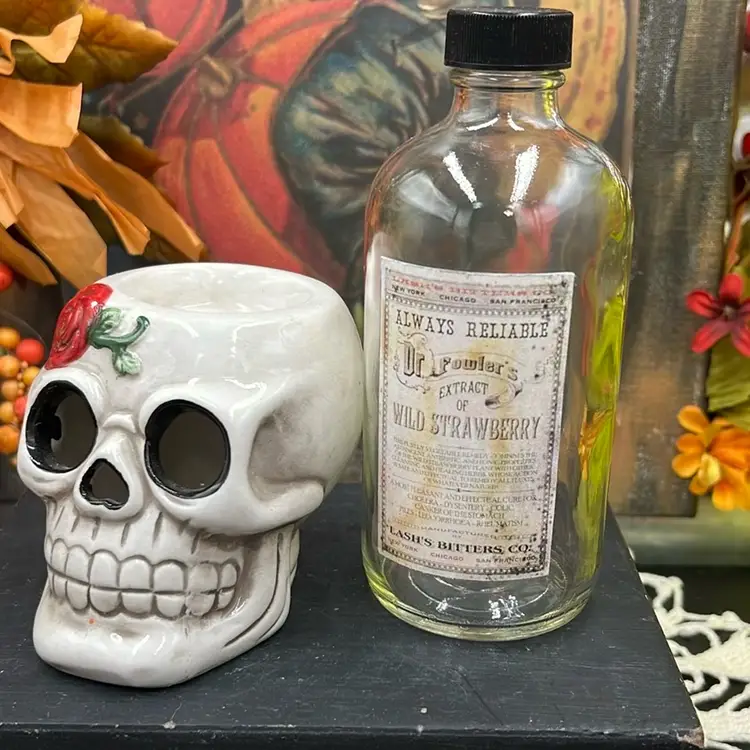 Skull Votive 3”tall And Wild Strawberry Bitters Bottle,