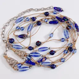 Vintage Glass Bead Necklace Blue Foil Millefiori Layered Long Strand Y2K Jewelry