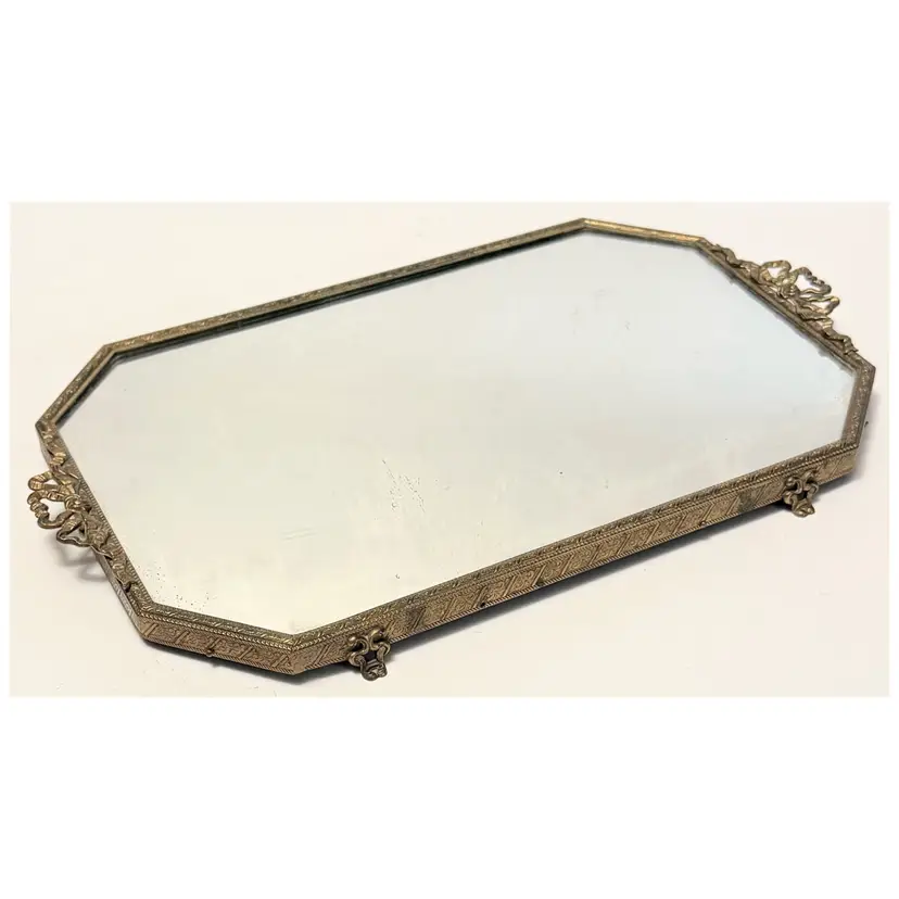 Vtg Hollywood Regency Ornate Mirrored Vanity Tray w/ Fancy Brass Filigree  - 10”