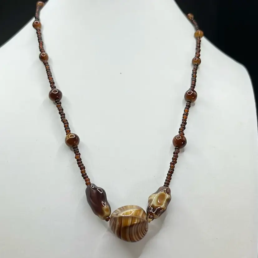 Agate Beaded Necklace, looks Like Tortoise Shell, Spring Ring Class 18” Long
