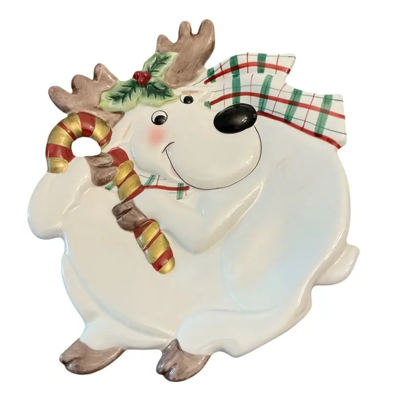 Fitz And Floyd Plaid Christmas Reindeer With Candy Cane Ceramic Serving Dish