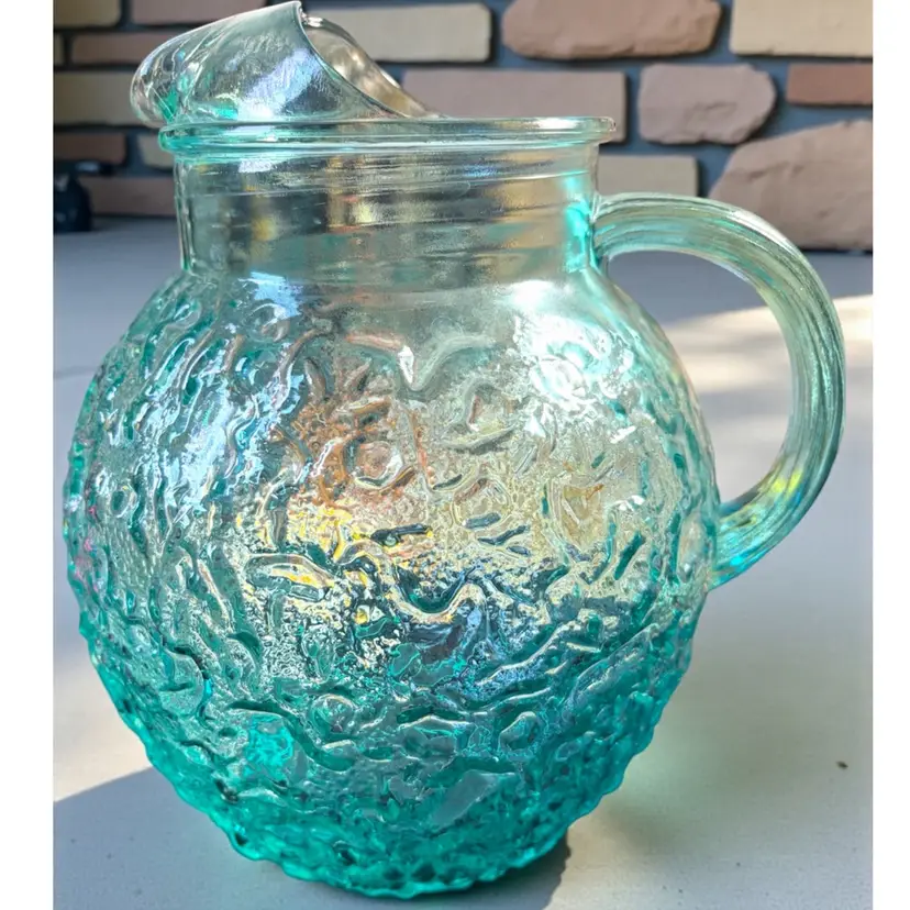 Vintage Anchor Hocking Aqua Turquoise Lido Milano Crinkle Glass Ball Pitcher 9” x 7”