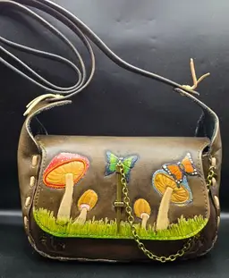 Boho Woodland Mushrooms and Butterflies Leather Crossbody Handcrafted