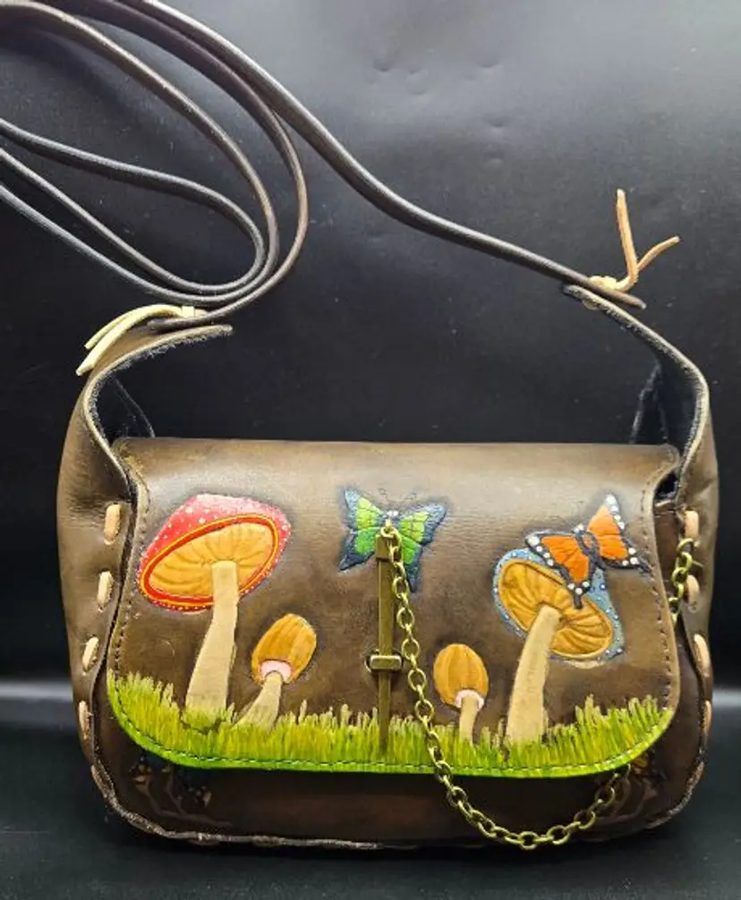 Boho Woodland Mushrooms and Butterflies Leather Crossbody Handcrafted