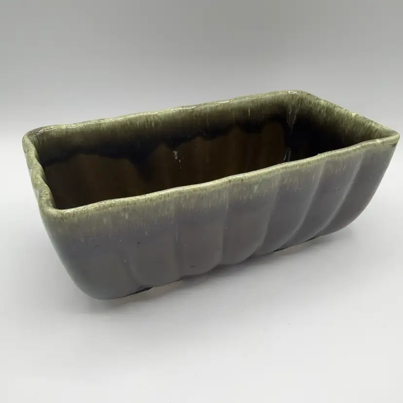 Hull USA F42 Rectangle Green Brown Drip Glaze Planter