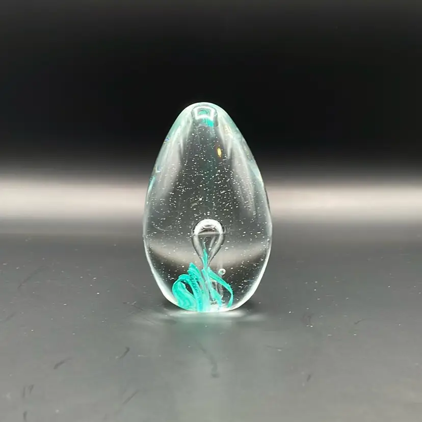 #616 Egg Shaped Paperweight With Teal Leaves And Bubble Center- READ
