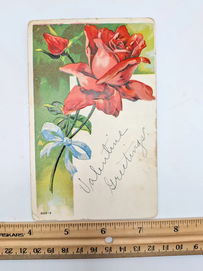 E68. ANTIQUE POSTCARD VALENTINE GREETINGS RED FLOWERS