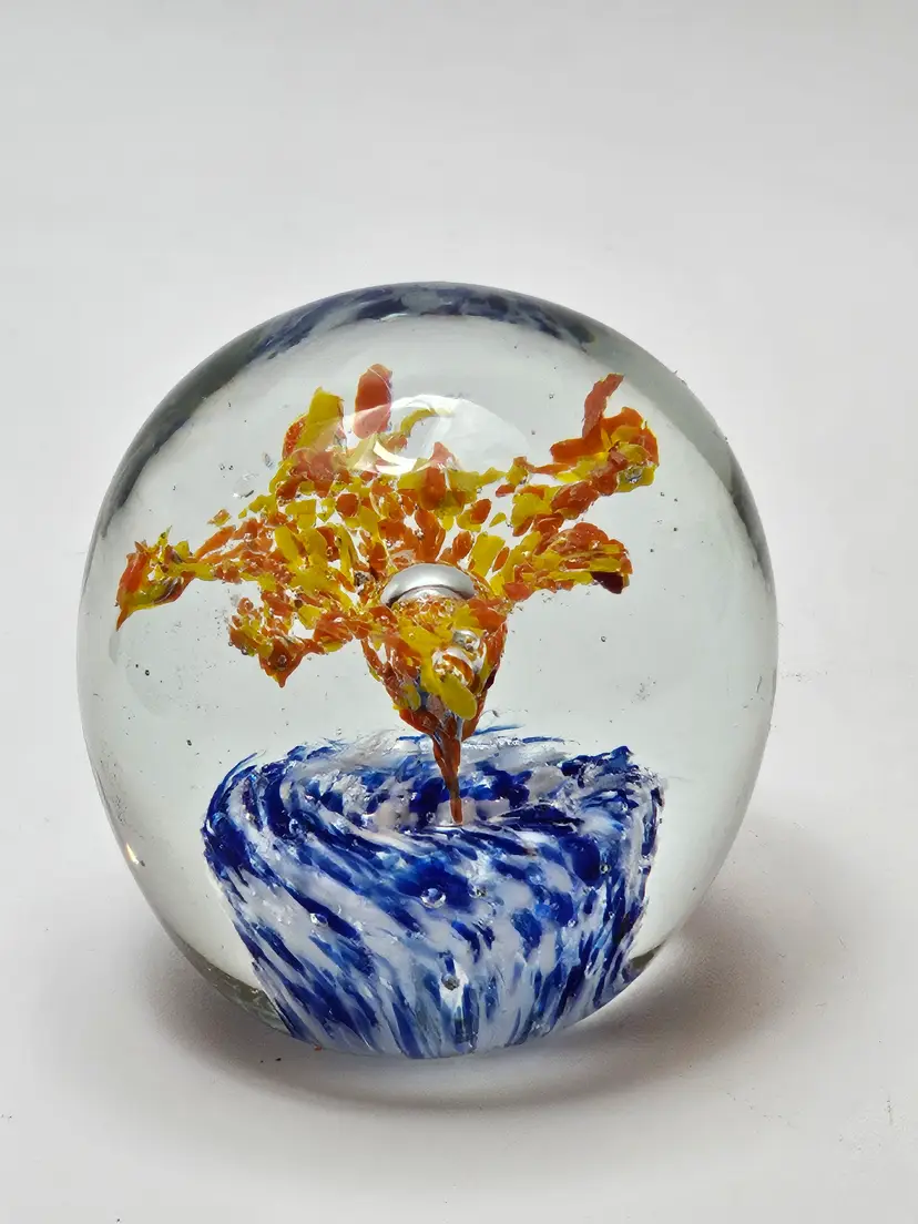 Artglass Paperweight Orange Flower Blue Swirls Controlled Bubble