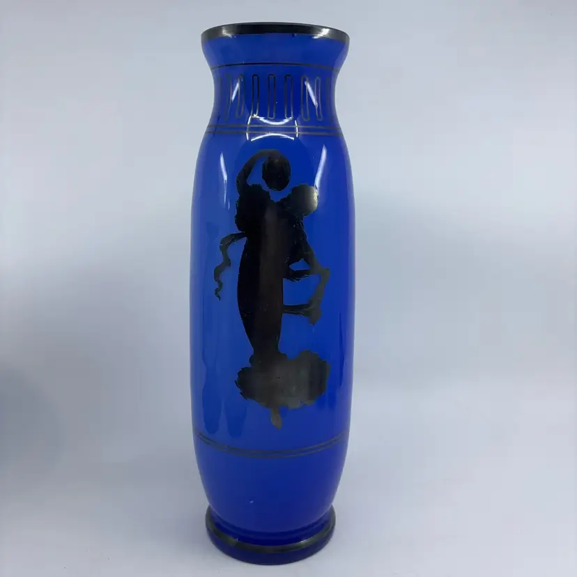 Czech Blue Silver Overlay Gypsy Dancer Art Glass Vase 11”