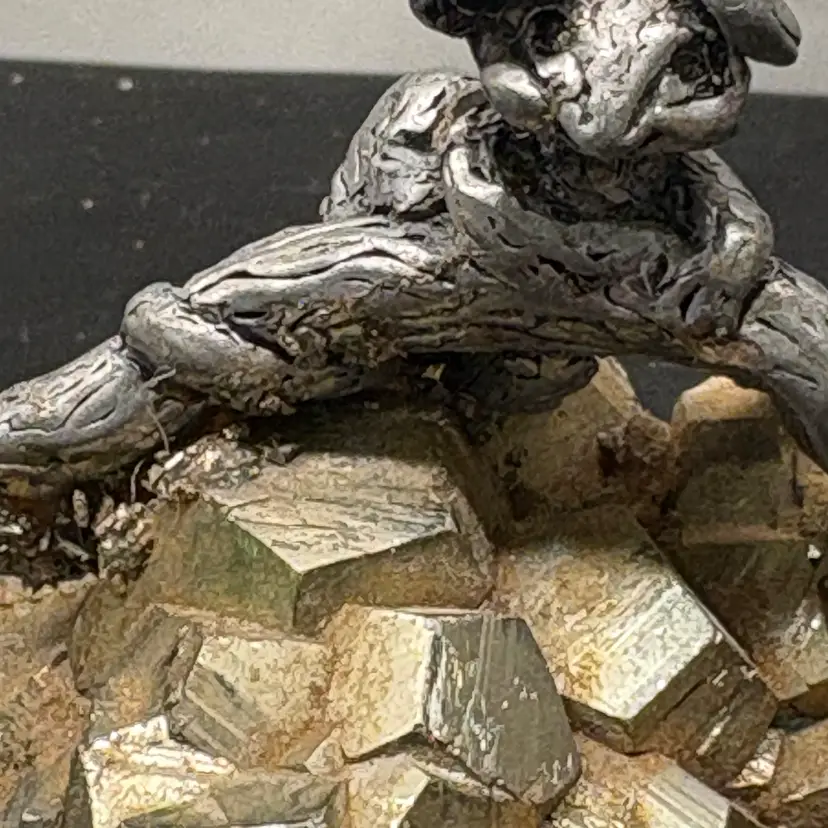 Vintage Pewter Mouse Figurine on Natural Pyrite Fool's Gold Crystal Base