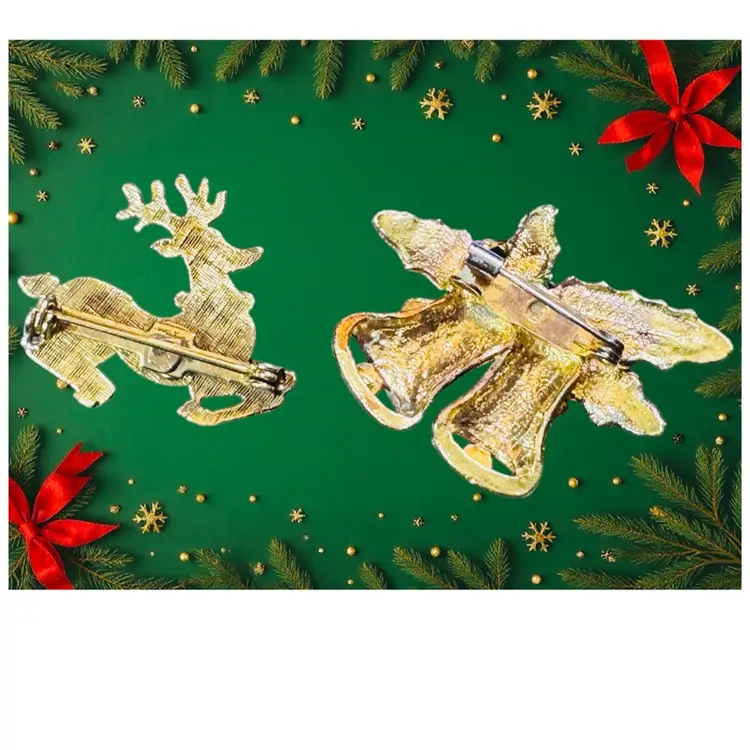 2 Christmas Scatter Pin Brooches - 1 Reindeer 1.25” x 1” - 1 Bells 1 5/8” x 1”