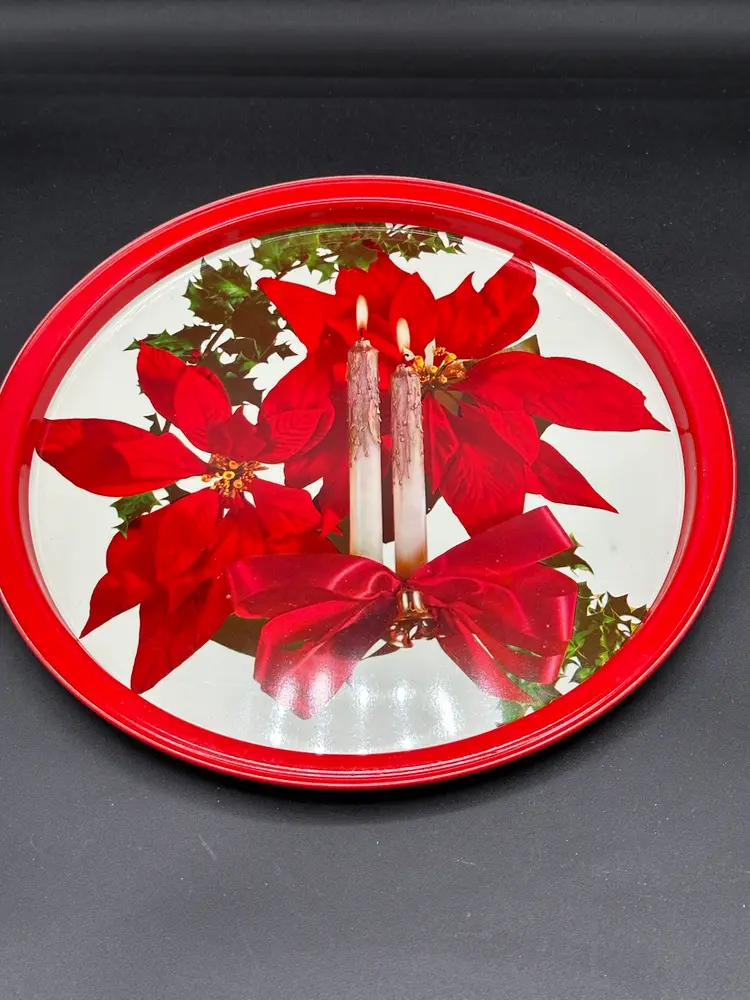 Metal Christmas Round Serving Tray Poinsettia Candles Holly Ribbon 10" Vintage