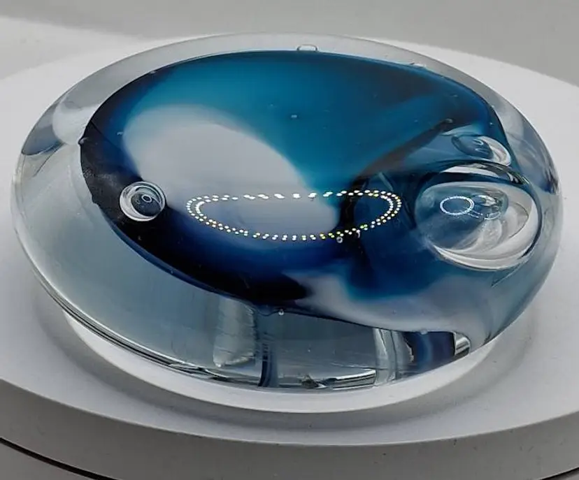 Vintage Hand Blown Rollin Karg Blue & White Disc Paperweight, Signed