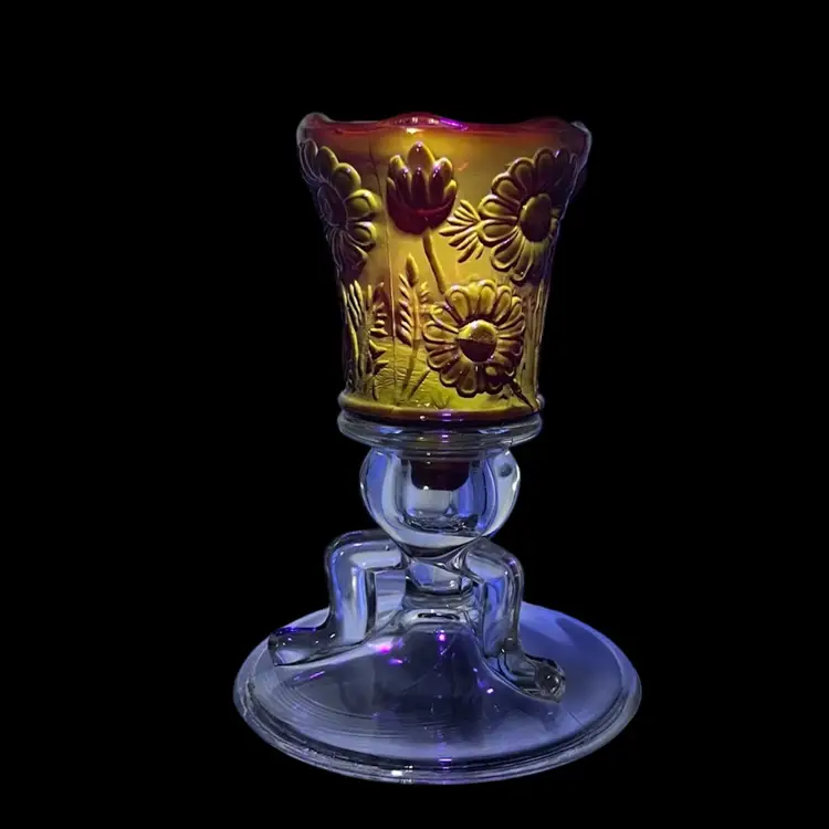 Vintage Candle HolderRuby Red Votive Holder On Clear Taper Holder BaseUV Reactive Yellow GoldSunflower Pattern Daisy And Floral Peg BaseChristmas Holiday Hosting #1 Party Celebration Winter GiftThanksgiving Harvest Autumn Halloween Party Celebration Gift Mothers Day Anniversary Birthday