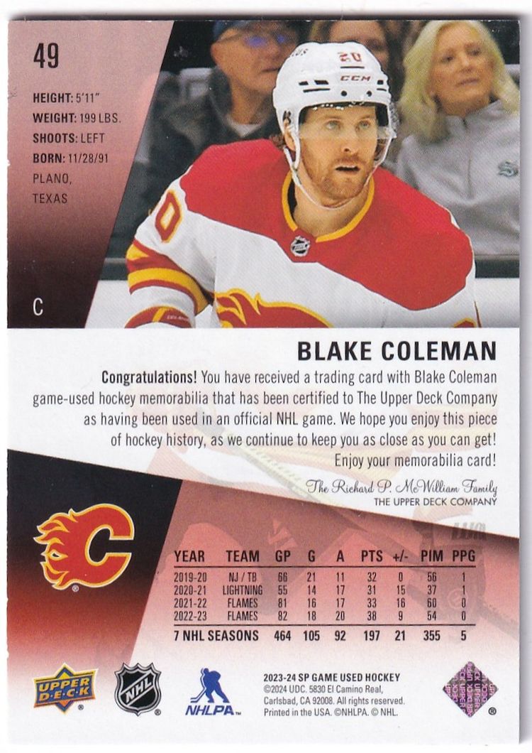 2023-24 SP Game Used Jerseys #49 Blake Coleman Calgary Flames Hockey Card